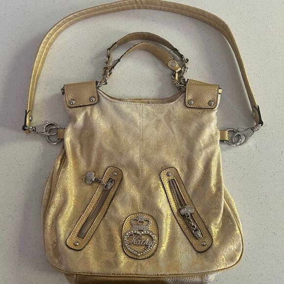 Kathy Van Zeeland Gold Purse | Metallic Shoulder Bag with Studded Details 90s - Picture 1 of 14